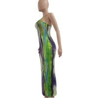 CM.YAYA Tie Dye Print Halter Open Back Maxi Dress Women Bodycon Sleeveless Splited Back Pencil Midi Long Dresses Summer 2021