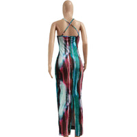 CM.YAYA Tie Dye Print Halter Open Back Maxi Dress Women Bodycon Sleeveless Splited Back Pencil Midi Long Dresses Summer 2021