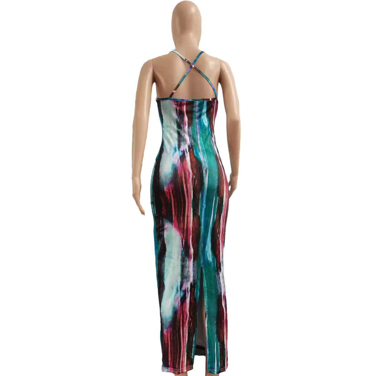CM.YAYA Tie Dye Print Halter Open Back Maxi Dress Women Bodycon Sleeveless Splited Back Pencil Midi Long Dresses Summer 2021