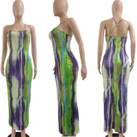 CM.YAYA Tie Dye Print Halter Open Back Maxi Dress Women Bodycon Sleeveless Splited Back Pencil Midi Long Dresses Summer 2021
