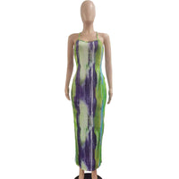 CM.YAYA Tie Dye Print Halter Open Back Maxi Dress Women Bodycon Sleeveless Splited Back Pencil Midi Long Dresses Summer 2021