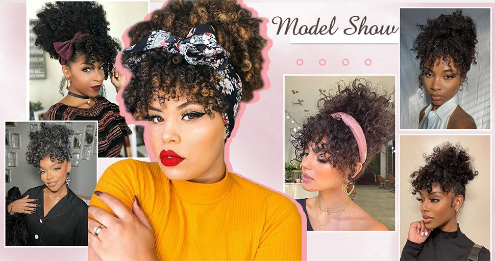Afro Puff Kinky Curly Hair Updo Ponytail Extension with Bangs Drawstring Ponytail for Women Black, Synthetic Hair Ponytail