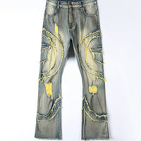 2025 New European and American men's casual jeans, street punk fashion, retro, ripped hole, slightly flared tassel elastic jeans