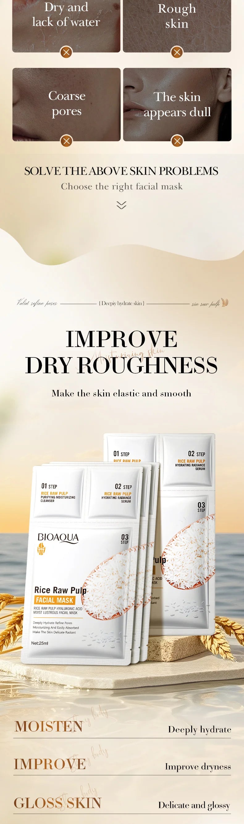 5pcs BIOAQUA White Rice Face Mask Sets Moisturizing Whitening Anti Wrinkle Facial Serum Cleanser Face Masks Skin Care Kit