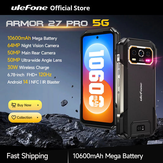 Ulefone Armor 27 Pro 5G Rugged Phone 10600mAh Smartphone 50MP Camera 64MP Night Android 14 Up to 24GB+256GB NFC Waterproof Phone