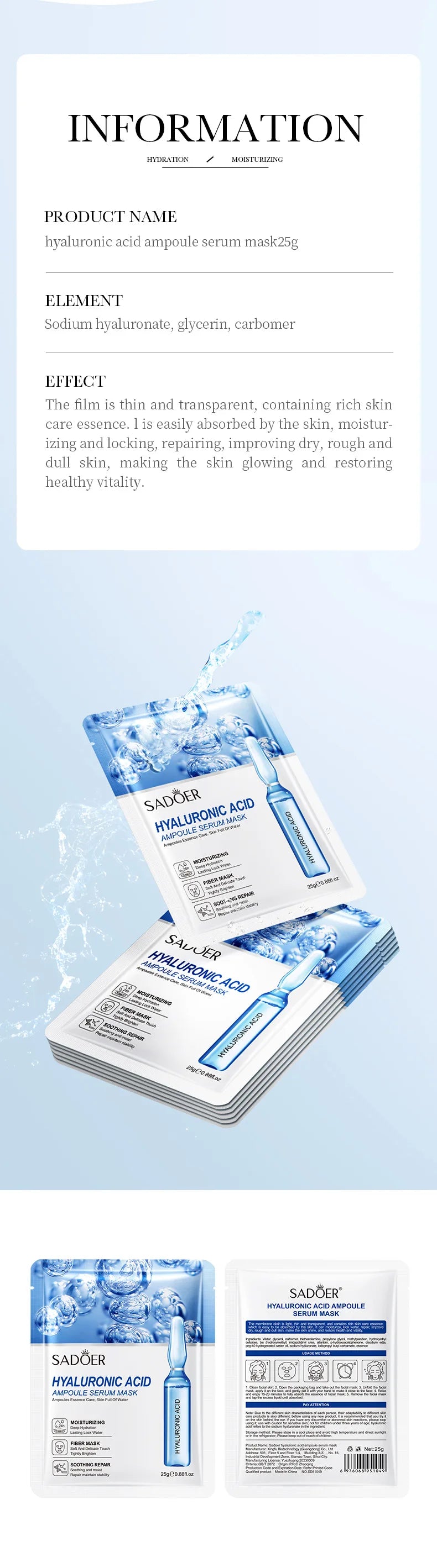 SADOER Hyaluronic Acid Facial Masks Face skincare Anti-aging Hydrating Moisturizing Anti Wrinkles Face Mask Skin Care Products