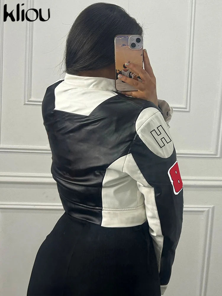 Cutenew Panelled Feather Women Coats New Letter Print Patchwork Buttons Full Sleeve Zip-up Crop Jackets Female Street Outwear