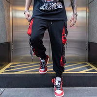 Men's Cargo Pants Casual Hip Hop Hit Color Multiple Pockets Trousers Streetwear Ribbons Techwear Sweatpants