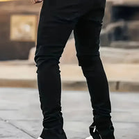 Men's Slim Fit Black Jeans - Street Style, Cotton Blend, Mid-Stretch Fabric, Ripped Detail, All-Season Wear