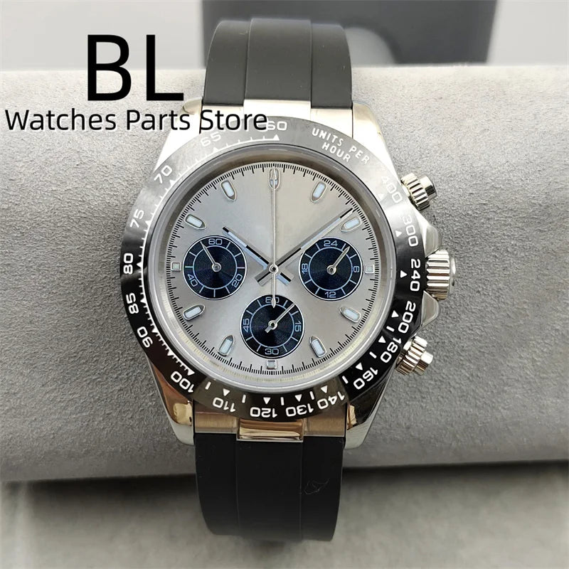 BLIGER/Sterile Gray Dial Chronograph VK63 Quartz Men's Watch 39mm Sapphire Case Black Bezel Luminous Stanless Steel/Rubber Strap