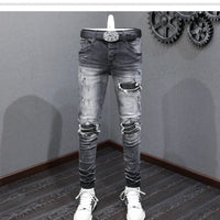 Designer Fashion New High Quality Black Grey Jeans Elastic Slimming Perforated Patch Washed Jeans High Street Hip Hop Brand Pant