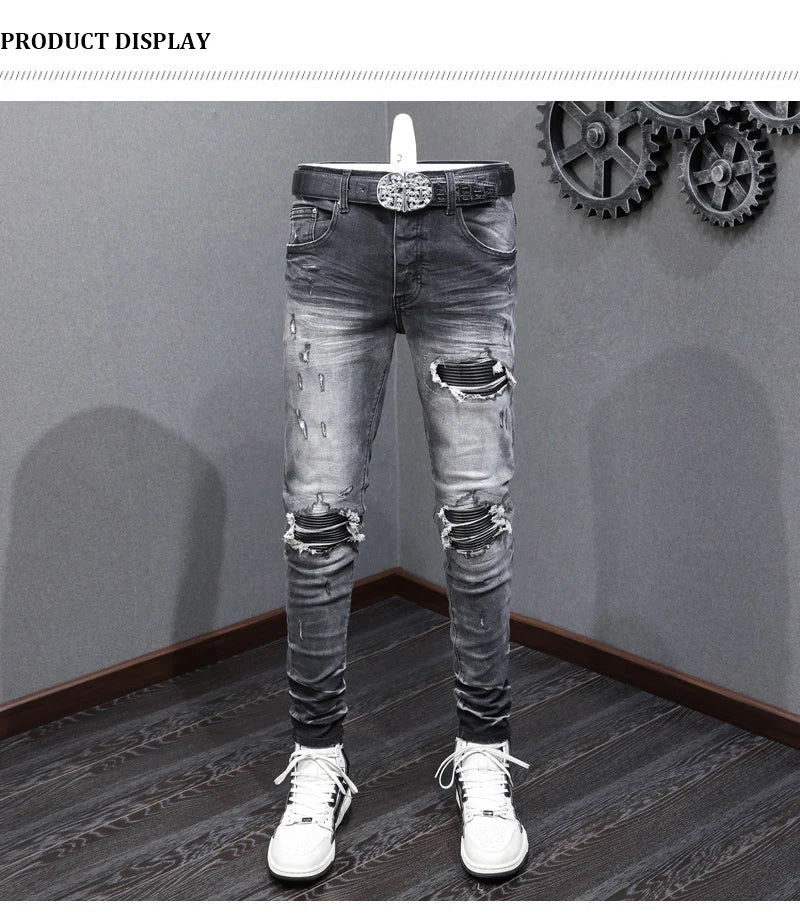Designer Fashion New High Quality Black Grey Jeans Elastic Slimming Perforated Patch Washed Jeans High Street Hip Hop Brand Pant