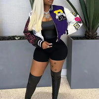 Winter Fall Jacket For Women Coat Trend O Neck Buttons Cropped Top Jacket Patchwork Baggy Blue Female Outerwear varsity jacket