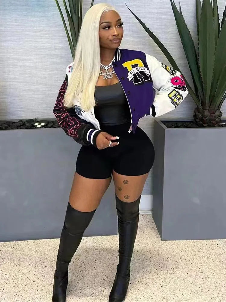 Winter Fall Jacket For Women Coat Trend O Neck Buttons Cropped Top Jacket Patchwork Baggy Blue Female Outerwear varsity jacket