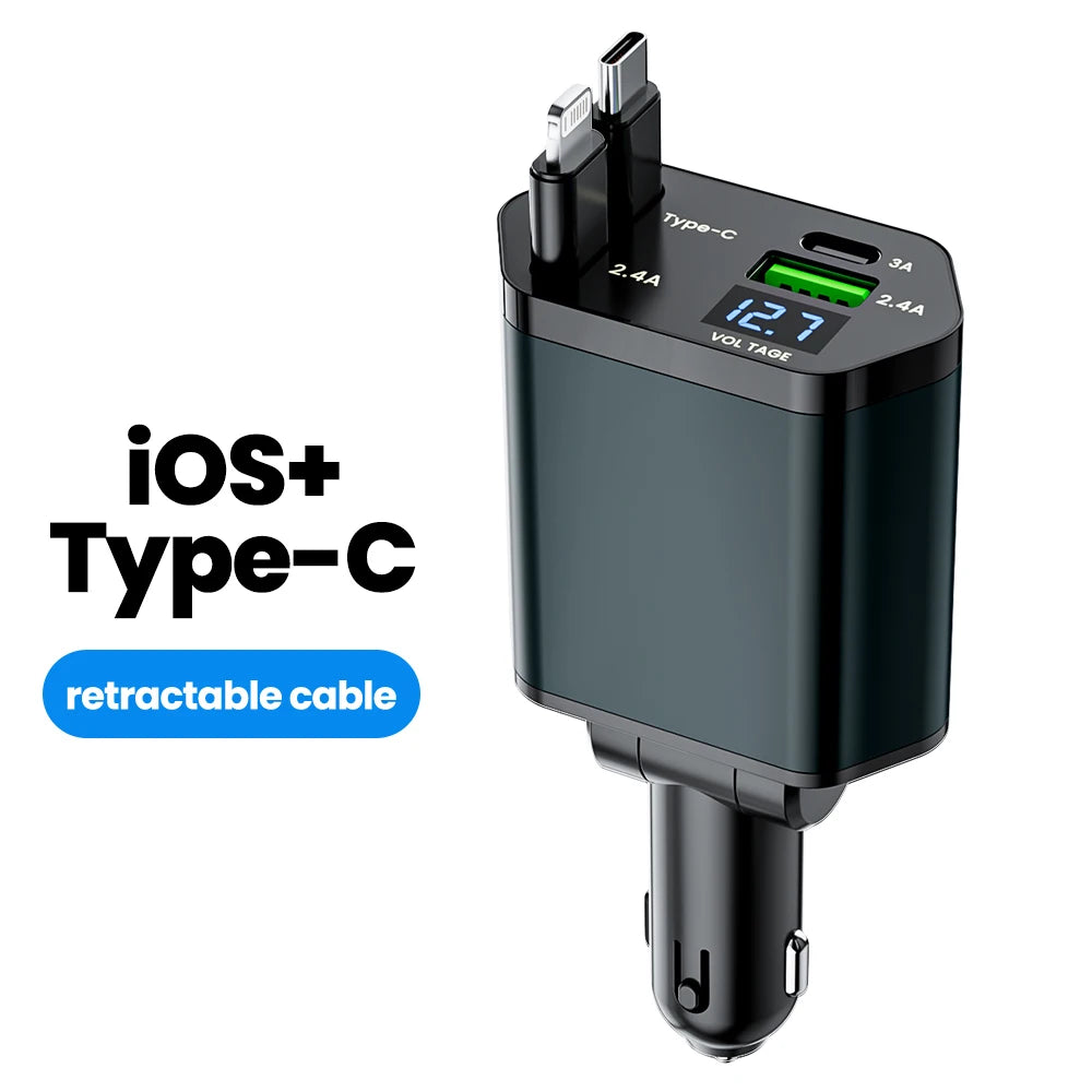 Elough 4 IN 1 Retractable Car Charger Fast Charging USB C To USB C ios Cable Charger USB Type C Car Adapter For iPhone Huawei