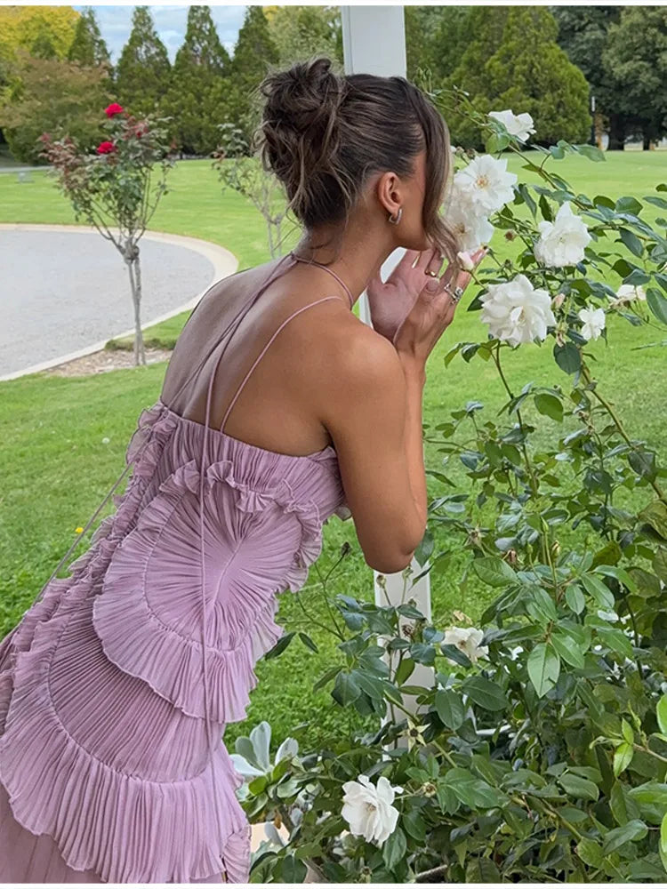 Elegant Purple Halter A Line Prom Gowns Ruffles Tiered Backless Party Gown Summer Vacation Chiffon Long Evening Dress
