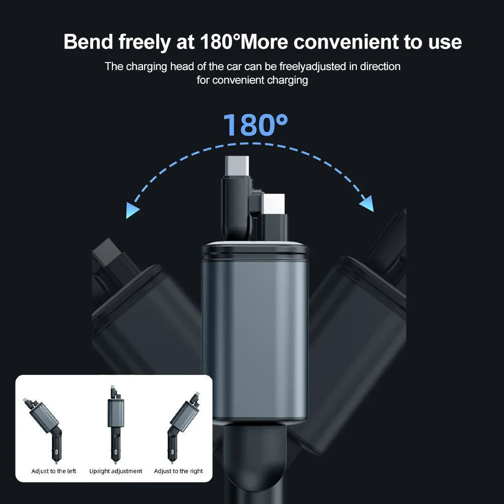 5-in-1 180W Car Fast Charger USB Type-C Power Adapter Retractable Phone Charger With Roof Starlight For IOS Android Phones