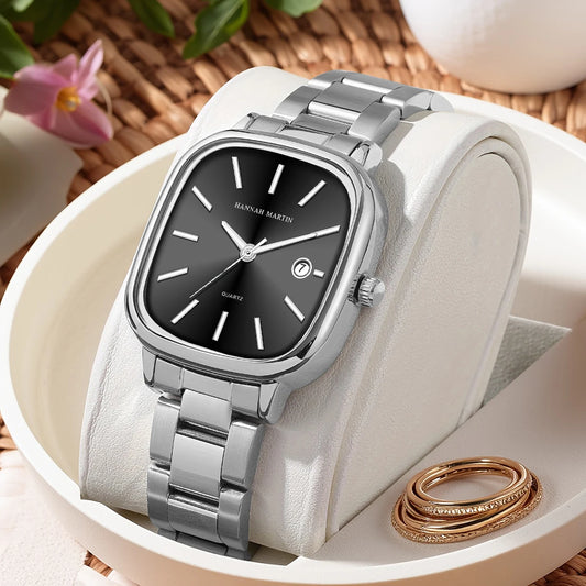 Japanese Movement Square Fashion Stainless Steel Strap Original Business Style Silver Black Waterproof 3Bar Quartz Watch for Men