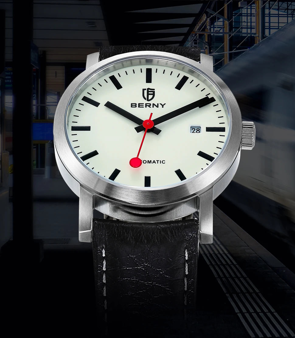 BERNY Watch for Men Automatic Self-Wind Luxury Watch Sappire MIYOTA 8215 Top Luminous 5ATM Mechanical Railroad Wristwatch