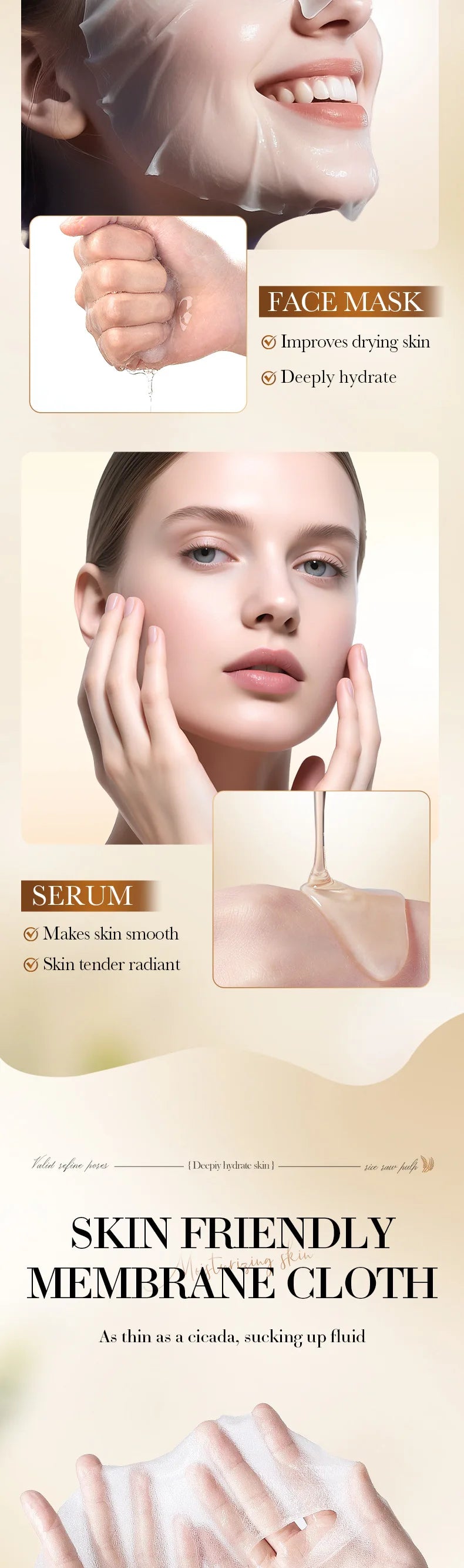 5pcs BIOAQUA White Rice Face Mask Sets Moisturizing Whitening Anti Wrinkle Facial Serum Cleanser Face Masks Skin Care Kit