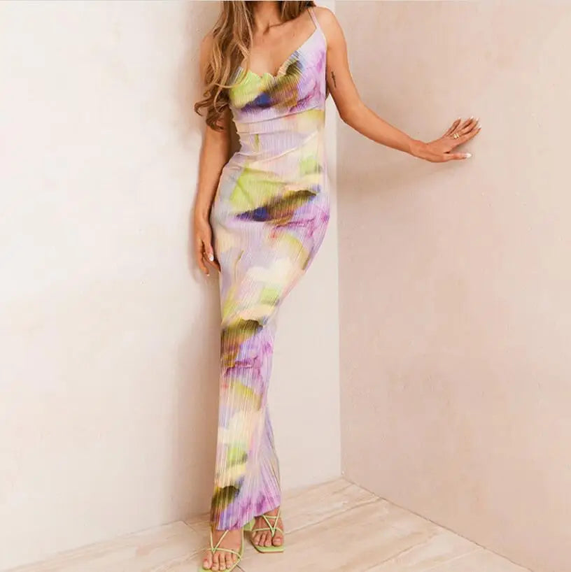 Folds Print Spaghetti Strap Slim Long Dresses Women Fashion Sexy Low Cut Package Hip Bodycon Party Dress Trendy Streetwear New