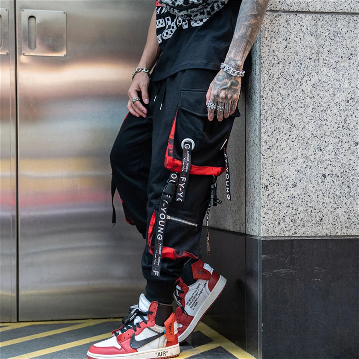 Cool Black Hip Hop Cargo Pants Gothic High Srteet Sweatpants With Pockets Korean High Wast Casual Outwear Pants Men Streetwear