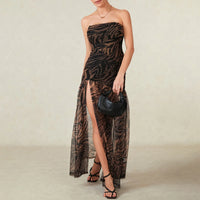 Women Fashion Summer Bohemian Sleeveless Maxi Dress Floral Print Mesh Bodycon Split Dresses Causal Beach Holiday Sundress