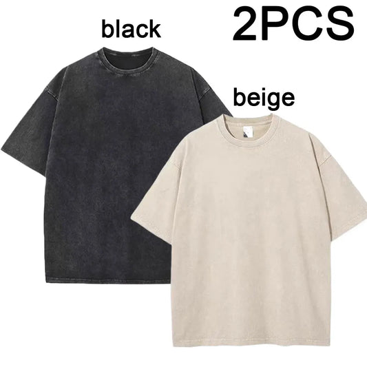 2PCS Cotton Washed T Shirts Harajuku Vintage Solid Color Summer TShirt Oversize Fashion Streetwear Unisex Women Men Top Tee