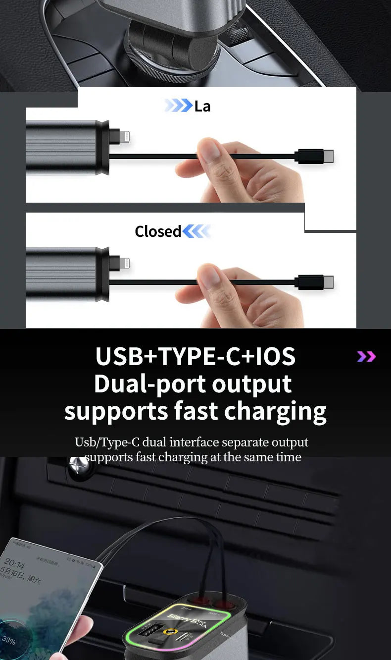 5-in-1 180W Car Fast Charger USB Type-C Power Adapter Retractable Phone Charger With Roof Starlight For IOS Android Phones
