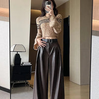 High Waist Wide Leg PU Leather Pants Women's Suit Casual Floor Length Trousers Autumn Winter New Style Loose Fit Long Pants