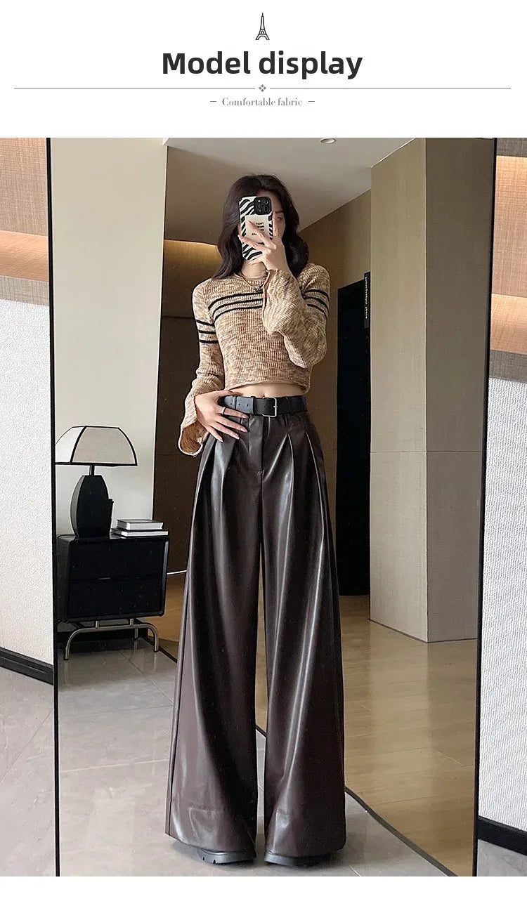 High Waist Wide Leg PU Leather Pants Women's Suit Casual Floor Length Trousers Autumn Winter New Style Loose Fit Long Pants