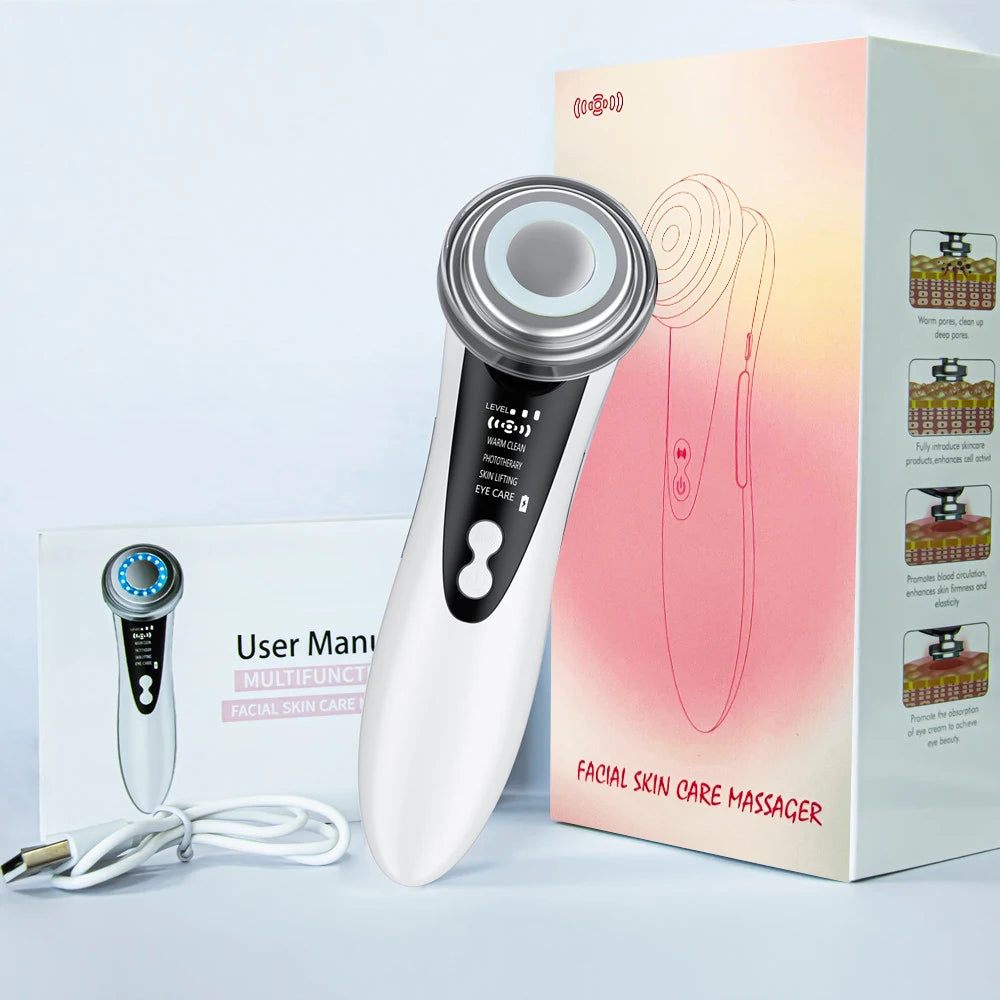 7 in 1 EMS Facial Massager with LED Light Vibration Hot Compress Skin Care Face Beauty Instrument Lifting Device Skincare