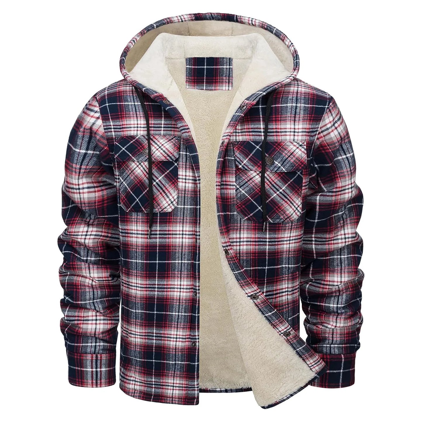 Thick Warm Flannel Hooded Jacket Mens Sherpa Fleece Lined Winter Coats Button Down Fashion Casual Plaid Shirt Jacket With Pocket