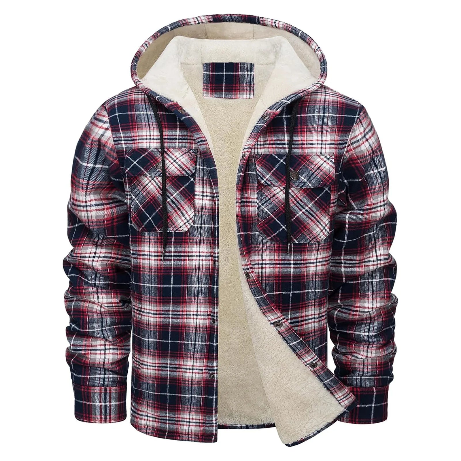 Thick Warm Flannel Hooded Jacket Mens Sherpa Fleece Lined Winter Coats Button Down Fashion Casual Plaid Shirt Jacket With Pocket
