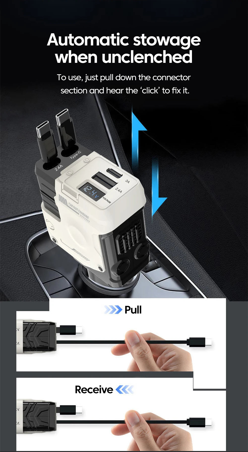 Elough 120W Car Charger Super Fast Flash Charge USB/Type C Multi Port Charger 4 in 1 Expansion Cable