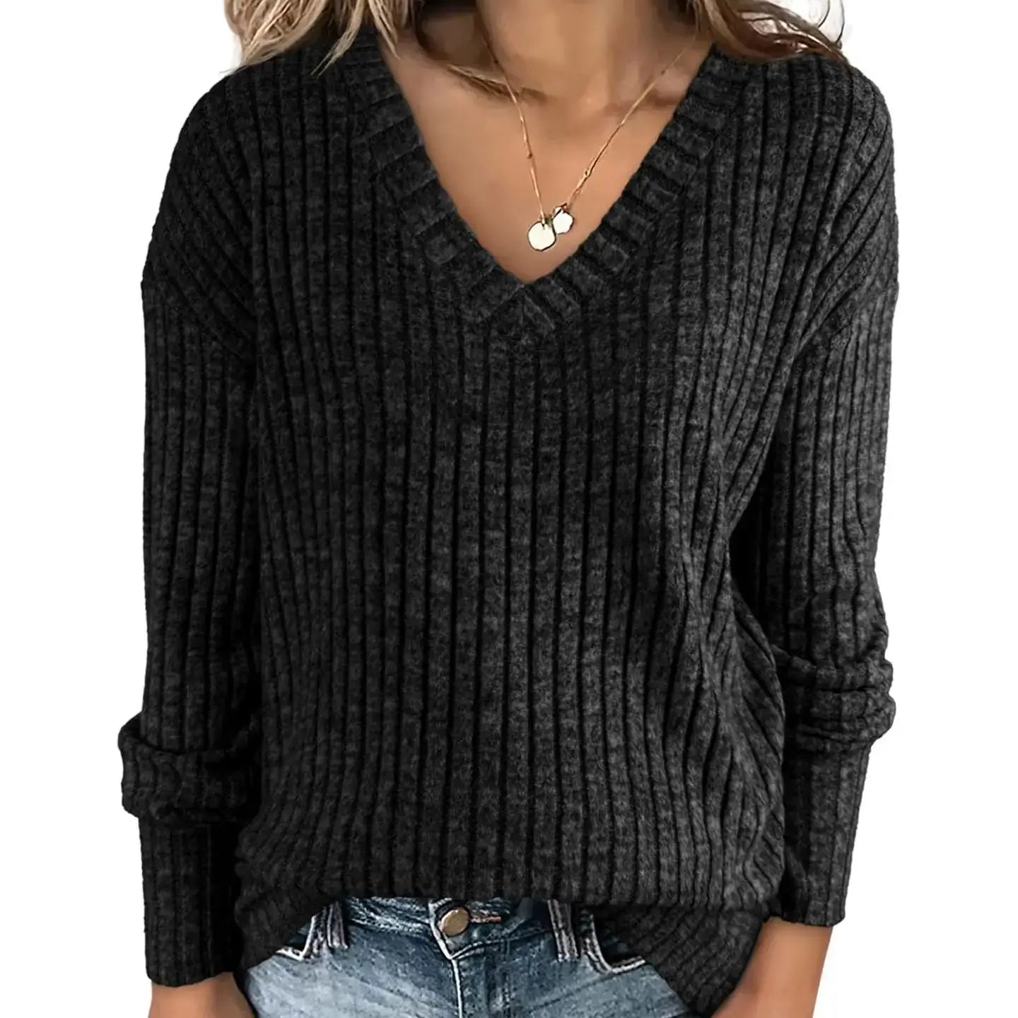 Women's Long Sleeve V-Neck T-Shirt Pit Stripe Milled Fashion Temperament Top