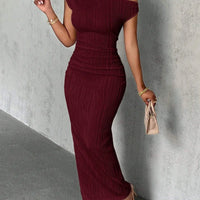 Fashion Water Ripple Slanted Shoulder Dress Women's Elegant And Simple Solid Color A-line Collar Mid-waist Sexy Hip Wrap Skirt