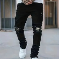 Men's Slim Fit Black Jeans - Street Style, Cotton Blend, Mid-Stretch Fabric, Ripped Detail, All-Season Wear