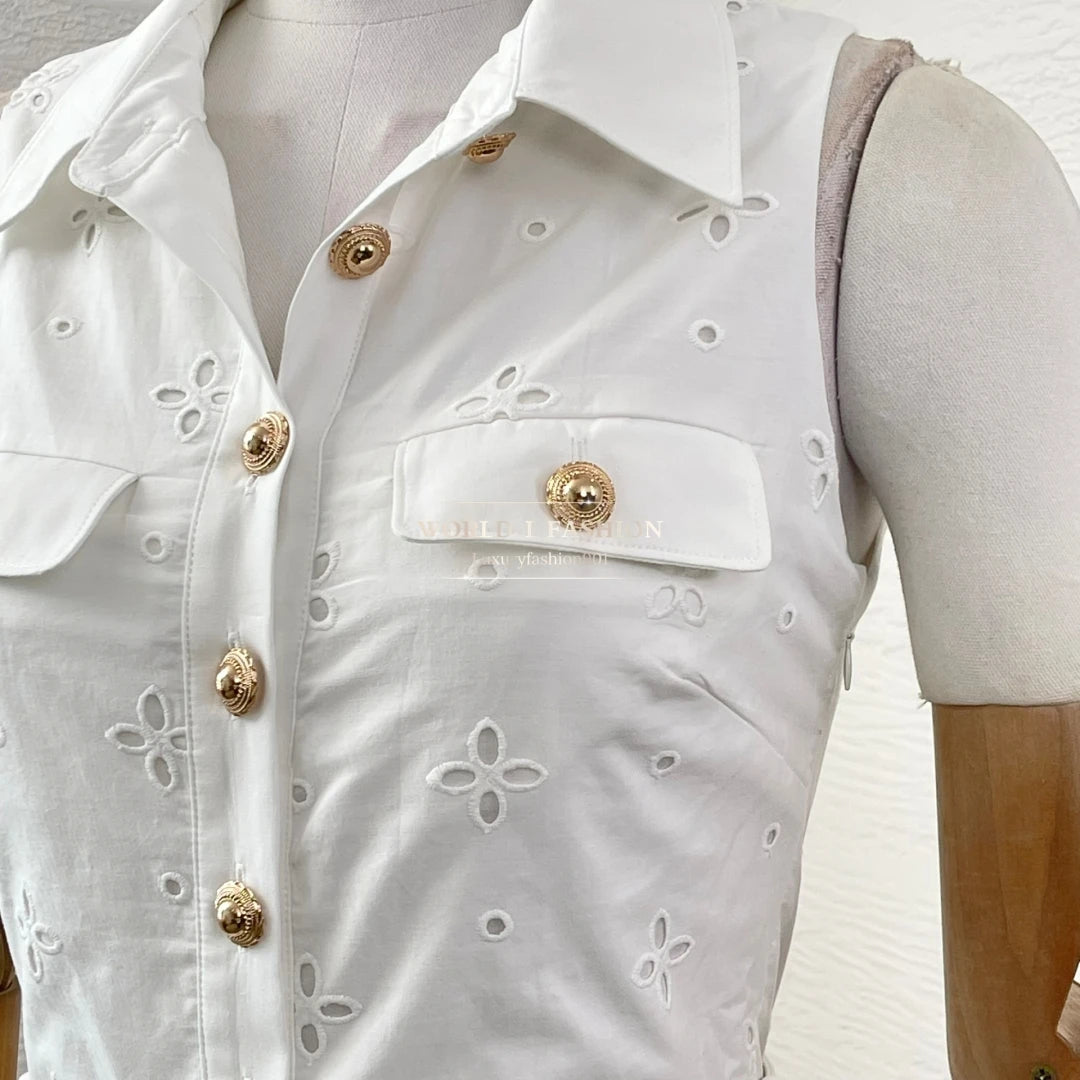 White Sleeveless Embroidery Midi Dress 2025 Top Quality