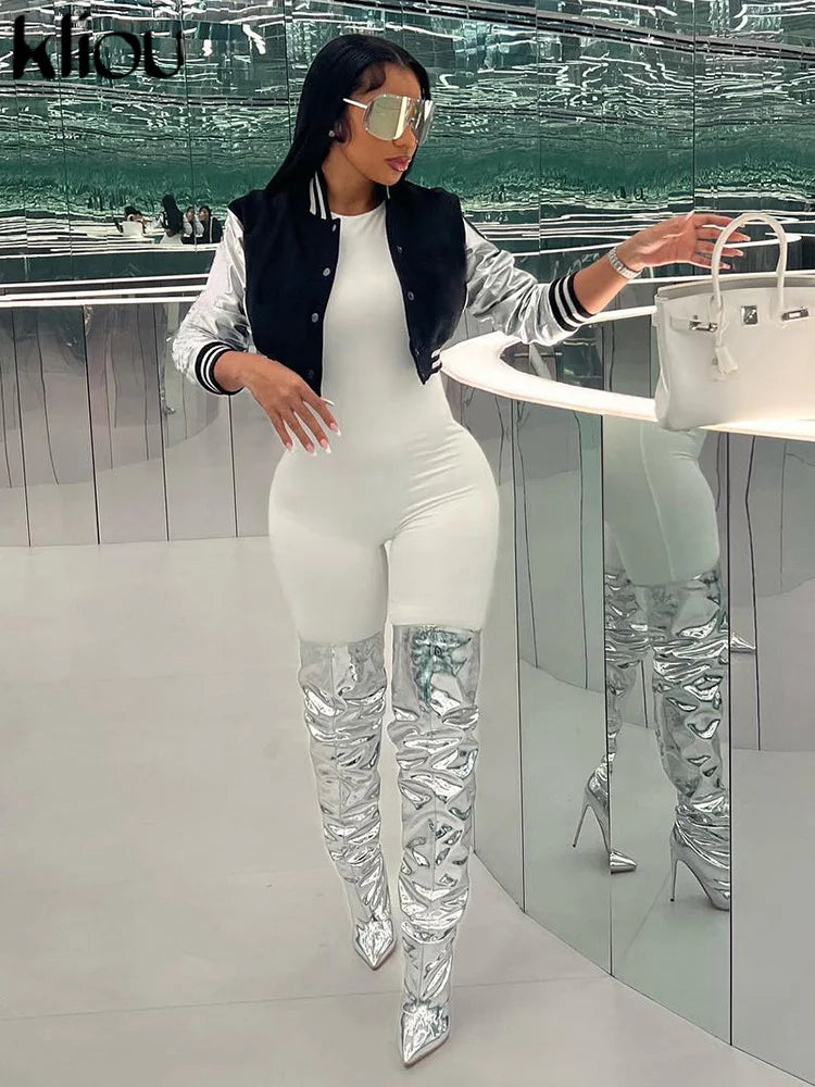 Kliou Letter Shape Patchwork Coats Women Casual Classic Panelled Long Sleeve Single Breasted Croped Jacket Female Street Outwear