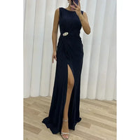 Women Sexy Dress New Sleeveless Solid Party Slim Empire Split Female Elegant Round Neck Fashion Long Clothing