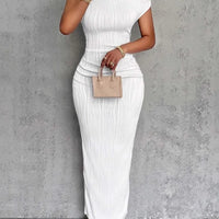 Fashion Water Ripple Slanted Shoulder Dress Women's Elegant And Simple Solid Color A-line Collar Mid-waist Sexy Hip Wrap Skirt