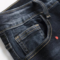 Men y2k Stretchy Denim jeans Ripped Skinny Letter Print elastic waist Casual pants for men Hole Slim Fit Denim Hip Hop Trousers