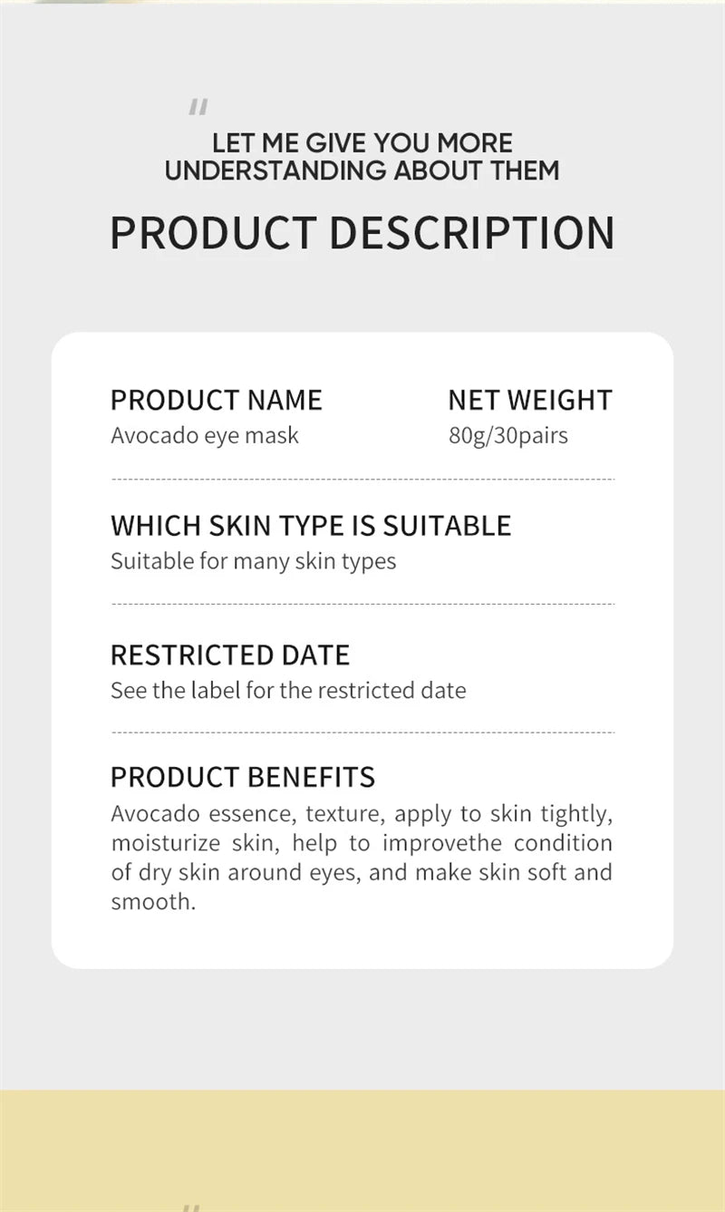 Avocado Gold Eye Mask Nourishing Moisturizing Improve Eye Bags Eye Patches Anti Wrinkle Firming Anti Dark Circles Eye Serum