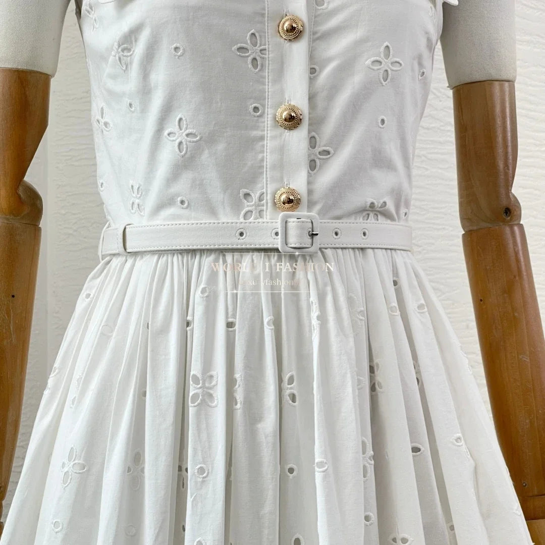 White Sleeveless Embroidery Midi Dress 2025 Top Quality