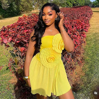 Joskaa 2025 Summer Women 3D Flower Decorate Strapless Pleated Irregular Hem Mini Dress Holiday Beachwear Party Clubwear S-XXL