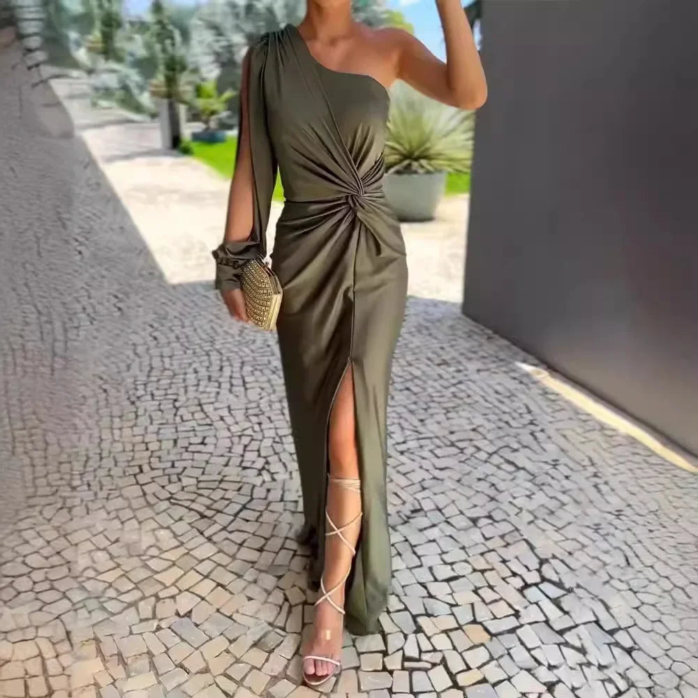 Slim Fit Pure Color Summer New Style Knot Slit Shoulder Women's Dress Fashionable Elegant Ankle Length One Shoulder Dress