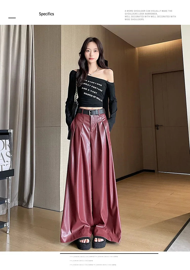 High Waist Wide Leg PU Leather Pants Women's Suit Casual Floor Length Trousers Autumn Winter New Style Loose Fit Long Pants