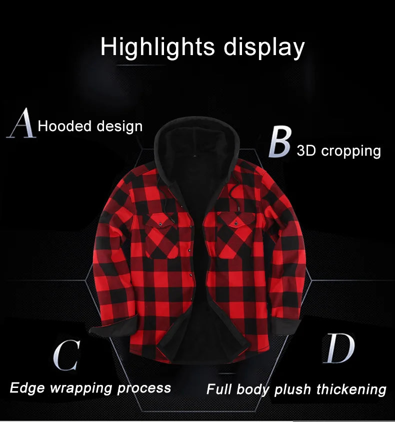 Fashion korean popular clothes winter Adding velvet and thickening long-sleeve shirts for men casual Hooded jacket plaid tops