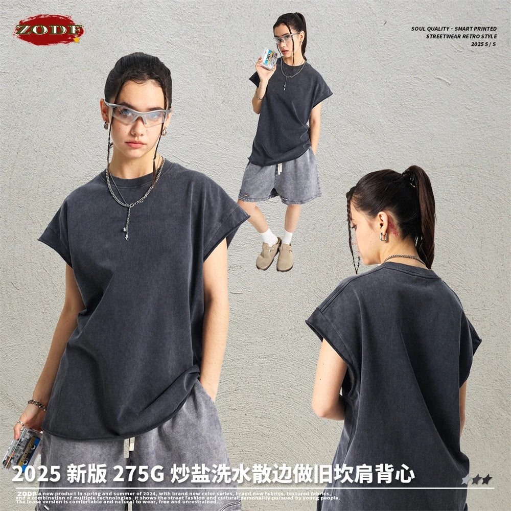 ZODF Trendy Summer Men Batik Washed 275gsm Cotton Tank Tops Unisex Oversized Loose Edge Sleeveless Vests Brand Tees HY1036